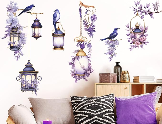 Removable 3D DIY Hanging Flowers Wall Decal Floral and Lamp Wall Sticker Peel and Stick Flower Vine Wall Decor for Kids Girls Bedroom Nursery Living Room Background Decoration (Purple)