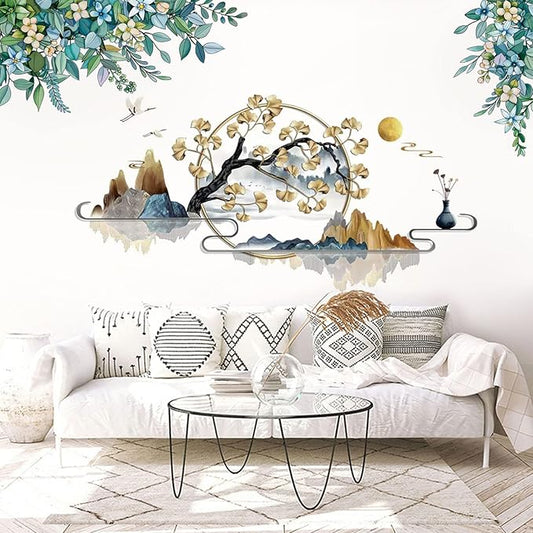 Flowers Wall Decals Vinyl Ancient Style Flowers Wall Stickers Ginkgo Landscape Painting Stickers Spring Flower Tree Branch Window Clings for Kids Room Nursery Living Room Kitchen Decor Gifts (#2)