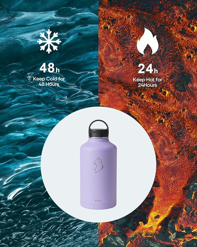 BUZIO Water Bottle with Straw lid, Spout Lid, Hand Lid and Carrying Pouch, 32oz 40oz 64oz Stainless Steel Water Flask Jug, Cold for 48 Hrs Hot for 24 Hrs Double Vacuum Thermo Canteen Mug, BPA-Free