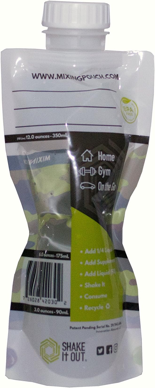 Shake It Out® is the on-the-go beverage container, better mixing, better tasting experience, disposable/recyclable. Compact, flexible design completely dissolves powder Supplements. (Camo, 7 Pack)