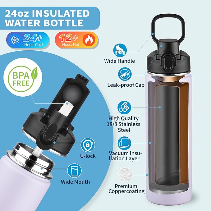 Insulated water bottle with Straw,24oz Stainless Steel Water Bottle for Adult Kids,Double Wall Vacuum Wide Mouth Insulated Water Bottle for Sports,BPA-free and Leak-proof（24oz,Lavender）