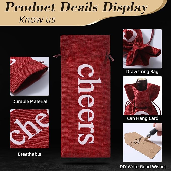 SIRIPHUM Burlap Wine Bags and Gift Tags, Wine Bottle Gift Bags with Drawstrings,Wine Bags Gift for Travel, Wedding, Holiday Party,Birthdays,Housewarming and Dinner Party (Red-12PCS)
