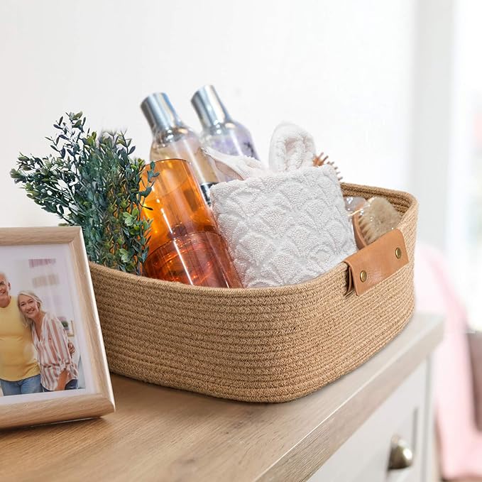 CHICVITA Rectangle Jute Rope Woven Basket with Handles for Books, Magazines, Toys - Decorative Rectangle Basket for Baby Nursery, Living Room, Bathroom