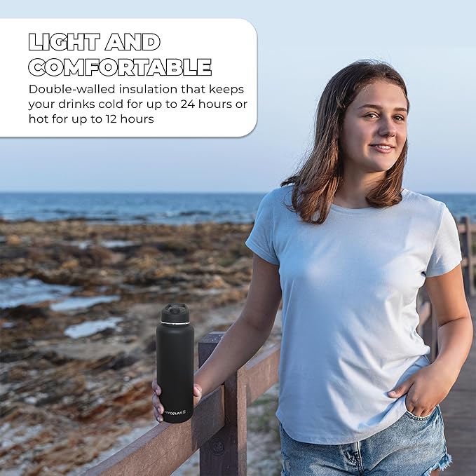 HYDRATE Insulated Stainless Steel Water Bottle - Large Reusable Flask with Leak-Proof Design and Convenient Handle - Double Vacuum Insulation for School, Work, or Adventure