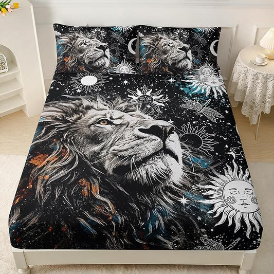 AILONEN Lion Print Twin XL Size Fitted Sheet Set for Boys, Sun and Moon Bed Sheet Cover Set TwinXL,3 Pieces Black and White Sheet Set TwinXL Galaxy Lion Fitted Sheet with 2 Pillowcases