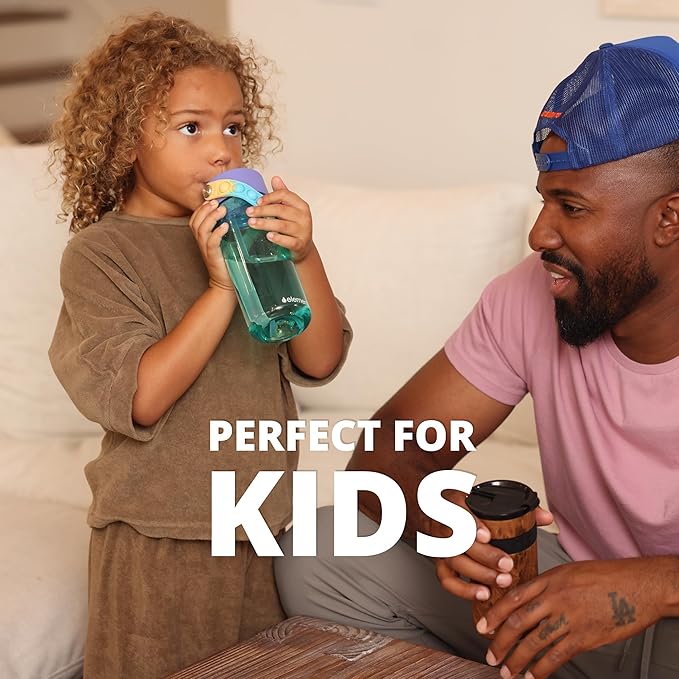 Elemental Leak Proof Water Bottles for Kids - Splash Kids Water Bottle for School with Fun Fidget Pop-it Handle - BPA Free Tritan Plastic Reusable Water Bottle with Straw - Blue Tie Dye - 18oz