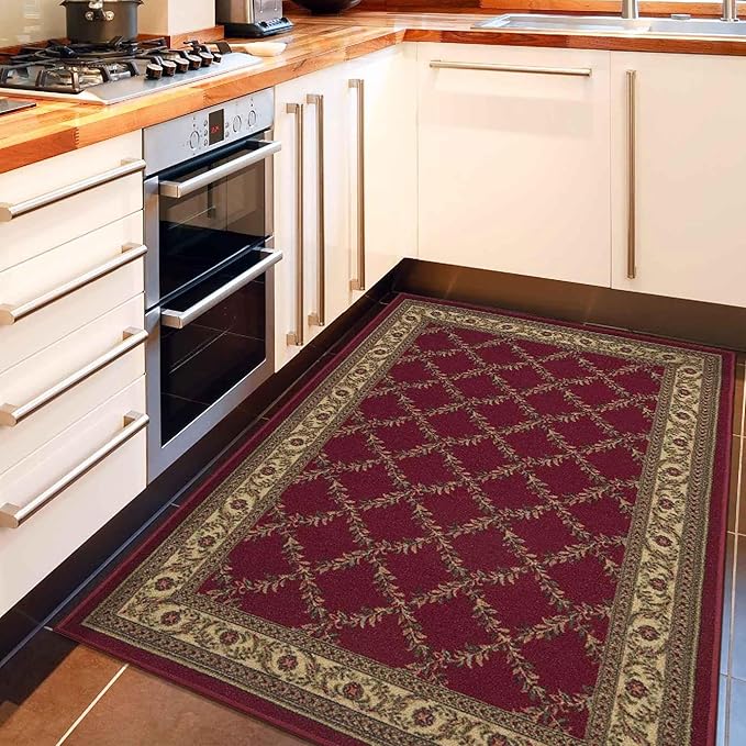 Ottomanson Machine Washable Trellis Design Non-Slip Rubberback 5x7 Modern Area Rug for Living Room, Bedroom, Dining Room, Office, 5' x 6'6", Red Trellis
