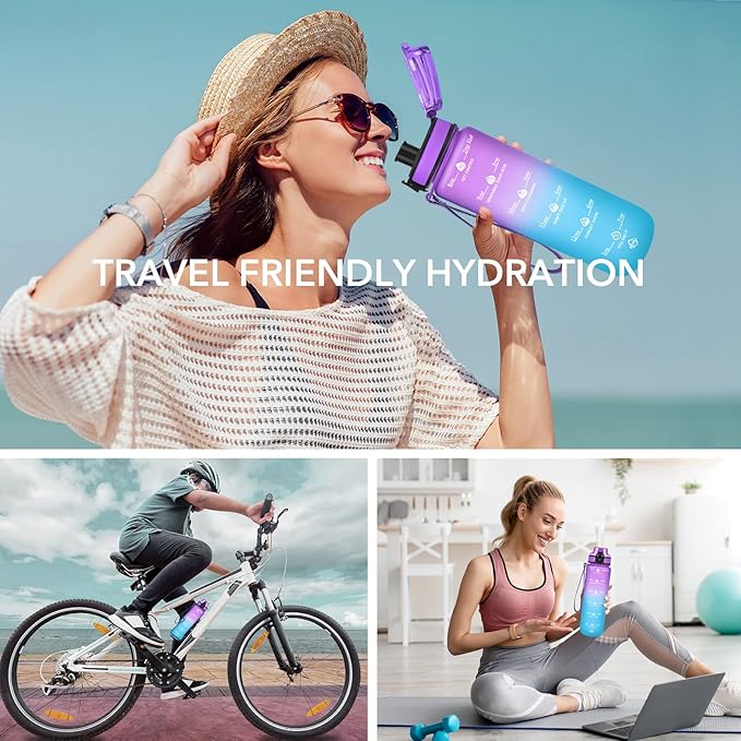 GOSWAG 32oz Motivational Water Bottles with Time Marker and Fruit Strainer, Sports Water Bottle with Times to Drink, Leakproof, Reusable Plastic Bottle with Strap no Straw for Gym, School