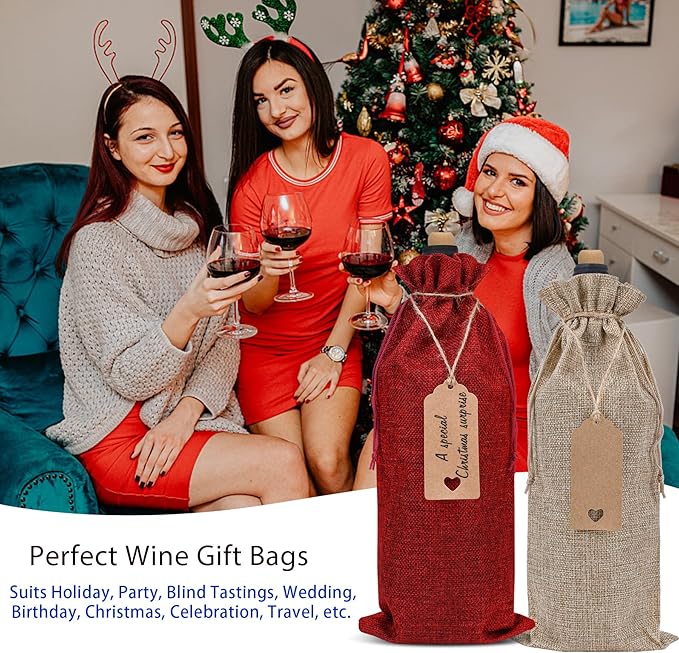 EVRWO Burlap Wine Bags 12 Pcs Wine Bottle Gift Bags Reusable Gift Bags With Drawstrings Tags & Ropes for Holiday Weedings Party, Birthdays, Travel, Blind Tastings, Home Storage 750ml