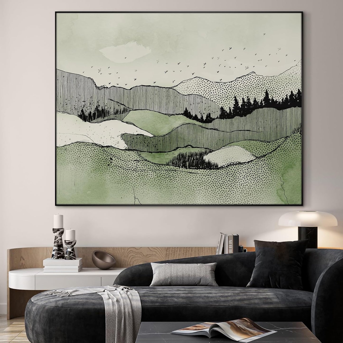SIGNWIN 46"x60" Extra Large Framed Wall Art Green Line Art Mountain Landscape Illustration for Home Living Room Bedroom Decor (Frame Assembly Required)