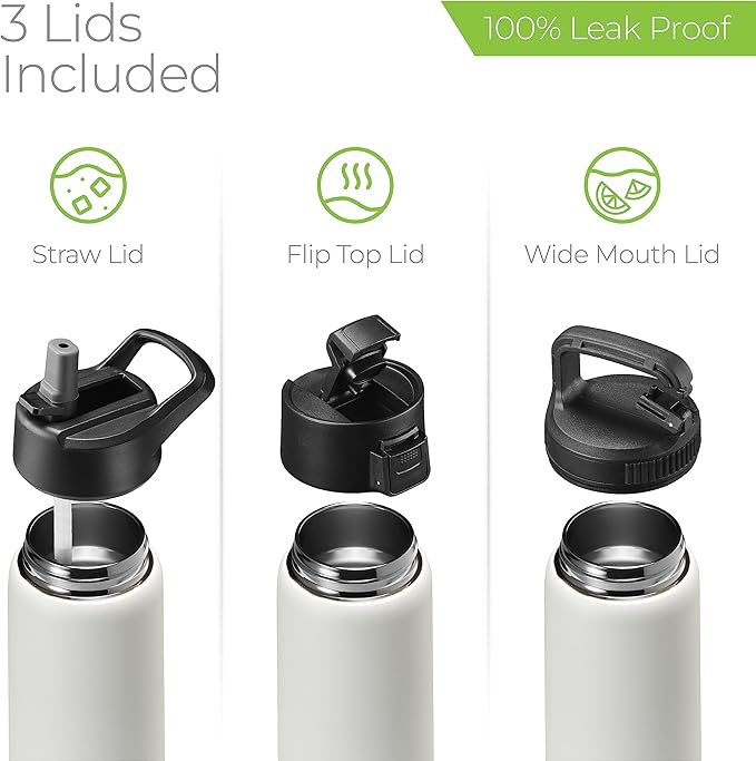 SipX™ Triple-Insulated Stainless Steel Water Bottle 25oz. With 3 Lids, BPA-Free Reusable Insulated Water Bottle Keeps Cold 24 Hours, Metal Water Bottle Made Of Sustainable Material For Hiking & Biking