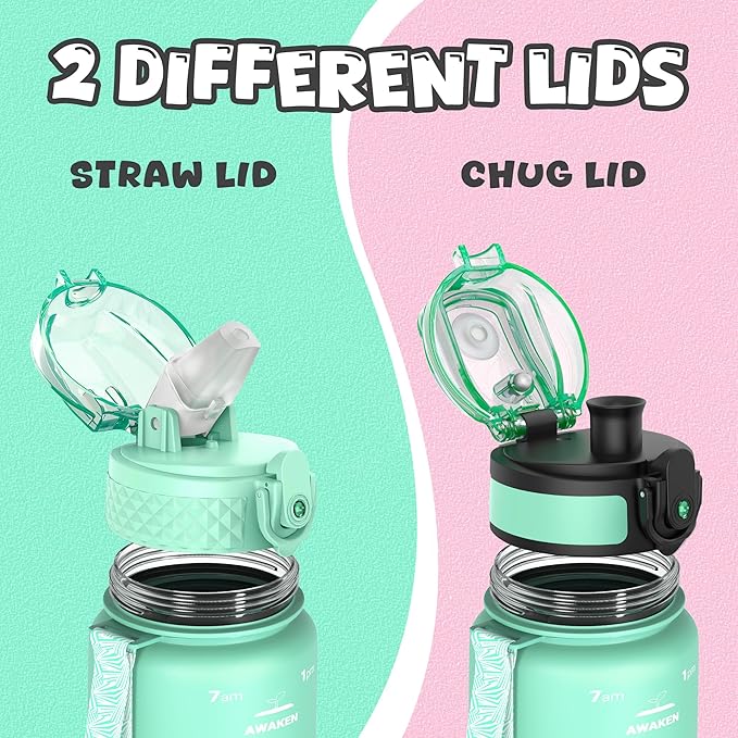 OLDLEY Kids Water Bottle for School, 17 oz (2 lids) BPA-Free Reusable Leak-proof Durable Tritan Plastic Water Bottles with Straw & Chug Lids, Anti-dust Spout Cover (Mintpink)