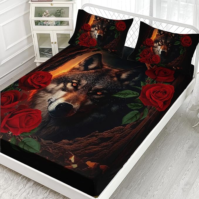AILONEN Girls Wolf Fitted Sheet Set Full Size, 3 Pieces Bedding Set Red Rose Wolf Sheet Set for Women Teen Kids,Wildlife Bed Sheet Set Wolf Fitted Sheet with 2 Pillowcases