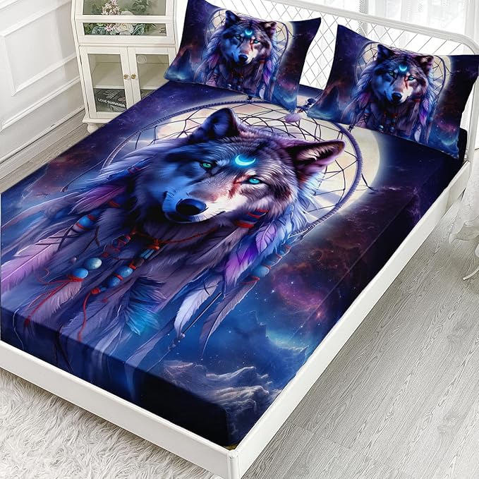 AILONEN Wolf Dream Catcher Fitted Sheet Set Twin XL Evening Purple Galaxy Starry Moon Wolf Bed Sheet with 2 Pillowcases,3 Pieces Wolf Print Boys Girls TwinXL Fitted Sheet Set