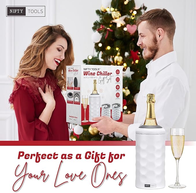 Portable Double Wall Insulated Vacuum Stainless Steel Wine Champagne Bottle Chiller Gift Set w/two tumblers (White)