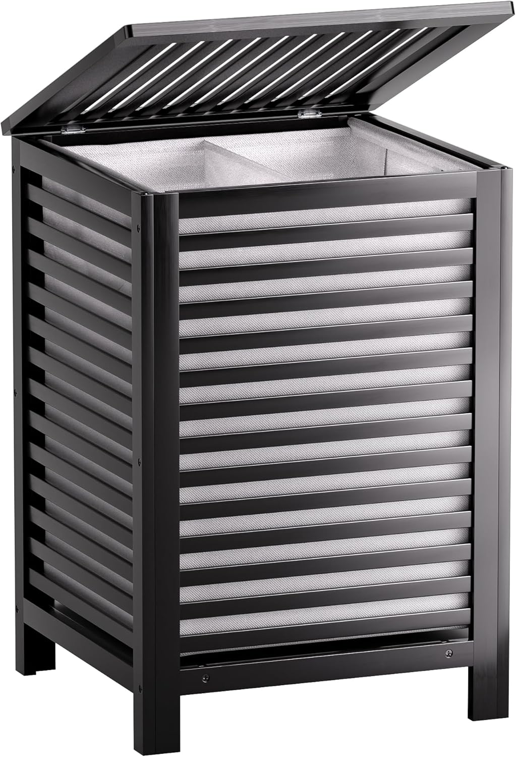 SMIBUY Double Laundry Hamper with Lid, 120L Bamboo Laundry Basket with Removable Liner Bag, 2-Section Clothes Divider Laundry Sorter for Laundry Room, Bathroom, Bedroom (Black)