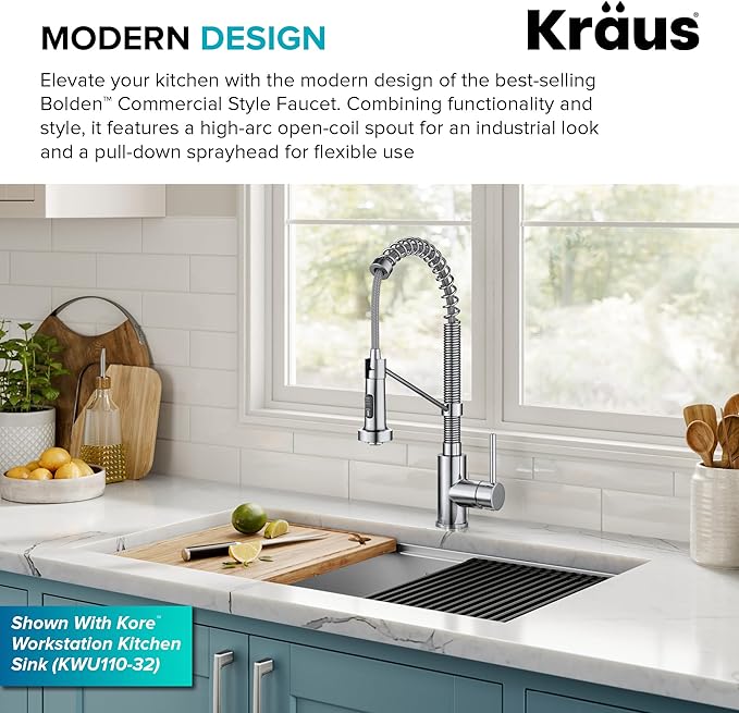 Kraus KPF-1610CH Bolden 18-Inch Commercial Kitchen Faucet with Dual Function Pull-Down Sprayhead in all-Brite Finish, 18 inch, Chrome