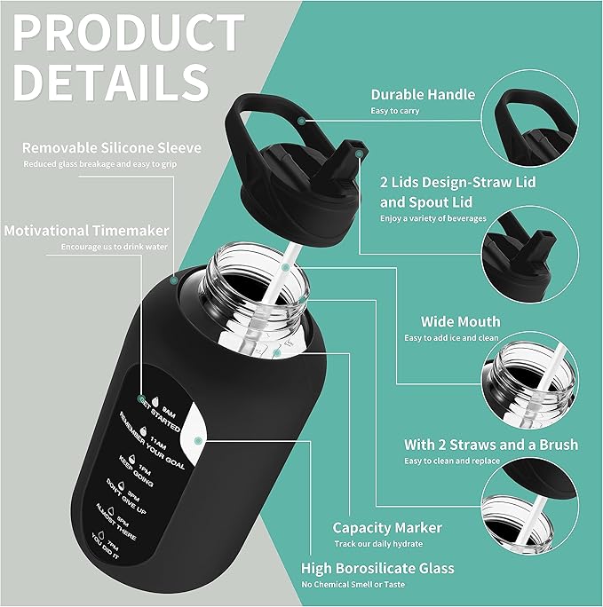 CIVAGO 64 oz Glass Water Bottle Jug with Straw and Handle, Half Gallon Sports Motivational Water Bottle with Time Marker, Wide Mouth Water Flask Canteen with Silicone Sleeve for Gym, Blush