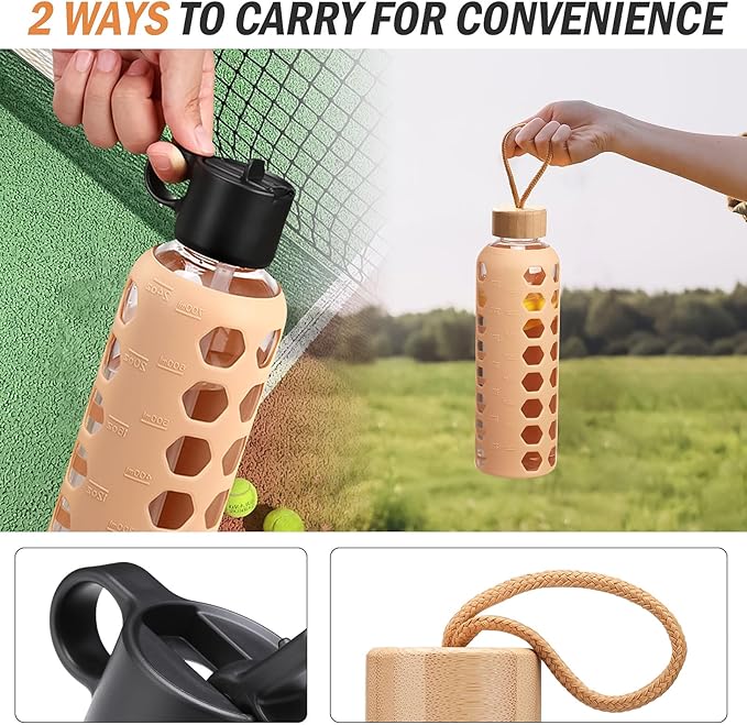 MUKOKO Glass Water Bottles, 32oz Glass Tumbler, Drinking Bottles with 2 Lids-Handle Flip Straw Lid&Bamboo Lid, Motivational Water Bottle with Time Marker and Silicone Sleeve, Leakproof-1 Pack-Amber