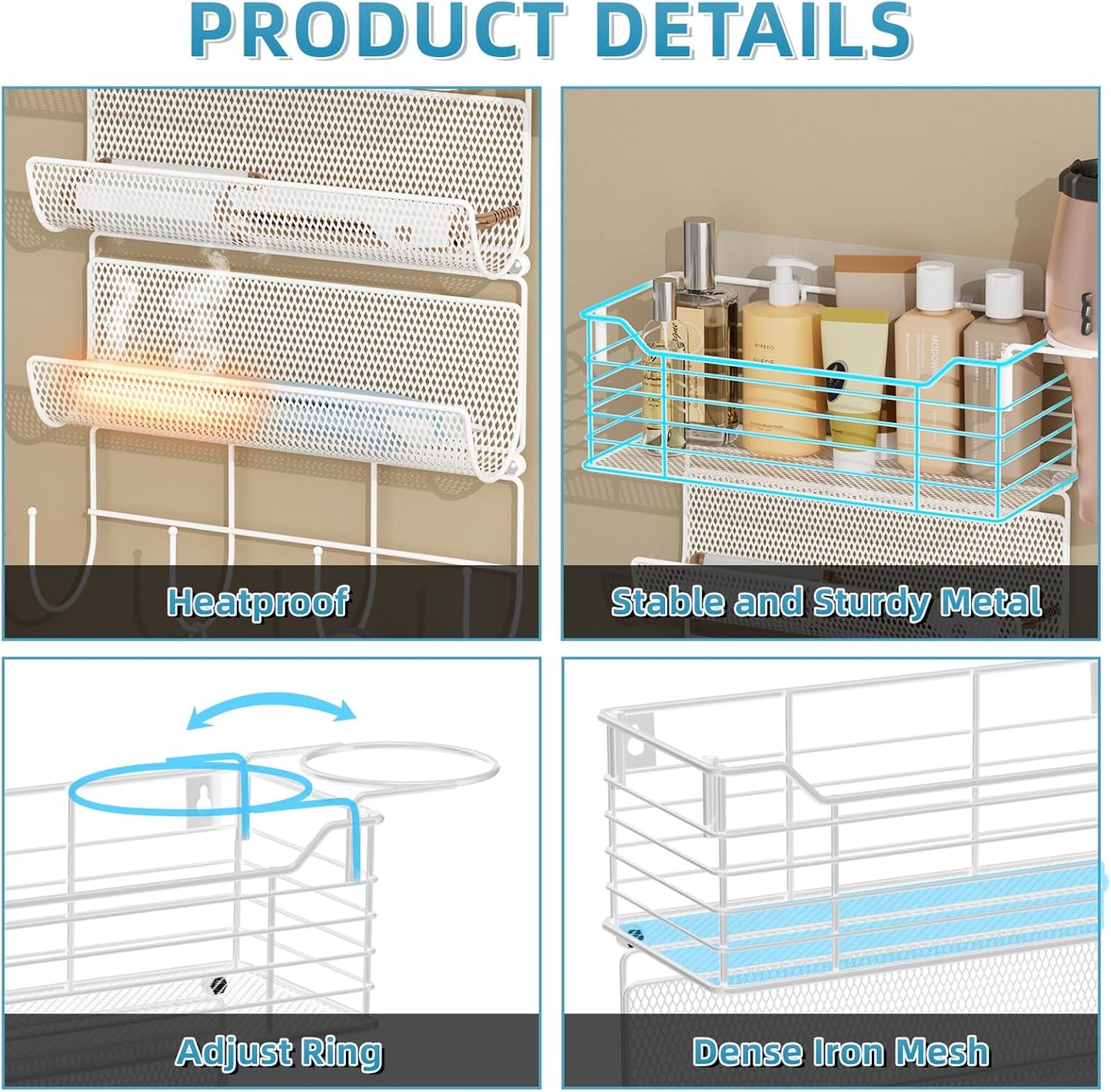 VITVITI Metal Hair Tool Organizer Wall Mount, Hair Dryer Holder with 3 Tier Shelf Basket Hooks, Bathroom Hair Styling Tool Organizer for Curling Iron/Blow Dryer/Straightener, White