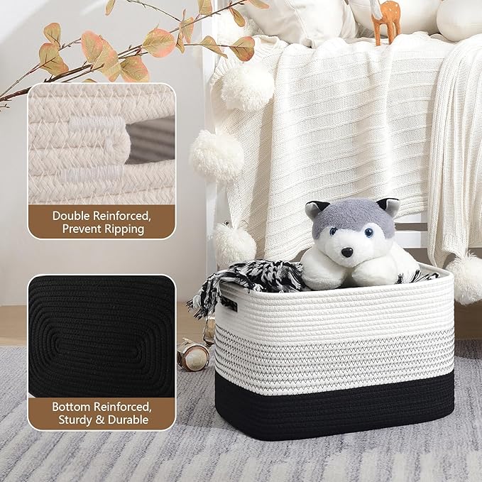 Cotton Rope Storage Basket, Woven Basket for Organizing, Rectangle Decorative Baskets for Shleves, Books, Toys, Towel Baskets for Bathroom - Pack of 3 (Gradient Dark)