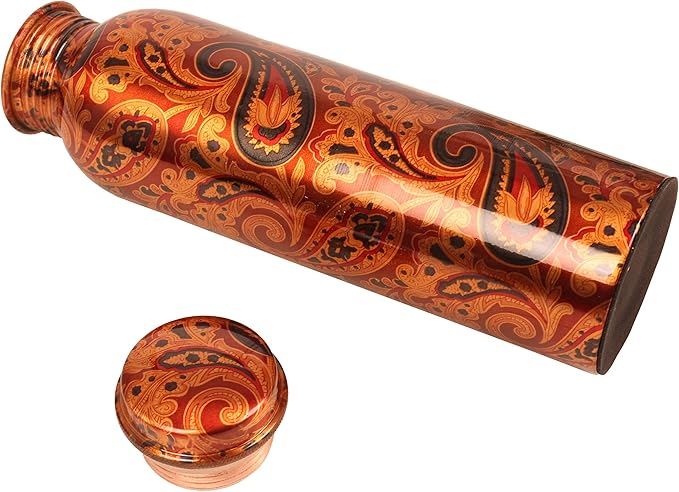 Pure Copper Water Bottle -Handcrafted -Ayurveda Health Benefits -Large 35 oz - Leak proof - Easy to carry for Sports, Fitness, Yoga, School - Textured Paisley Floral.