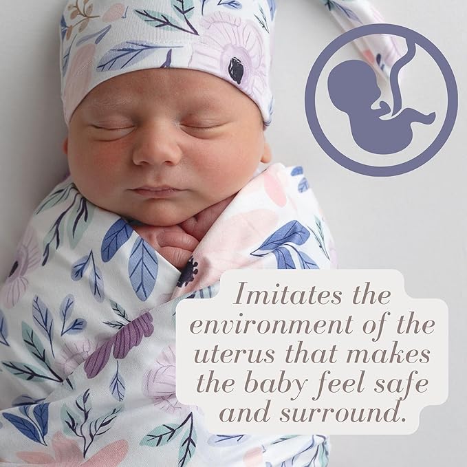 Newborn Baby Girl Receiving Blanket Swaddle Blanket Stretchy Knit Swaddle Set with Matching Headband Beanie with a Name Card (Pink and Purple Floral)