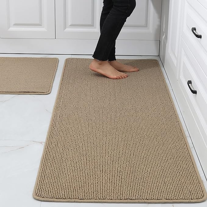 COSY HOMEER 20x30 Inch/20X48 Inch Kitchen Rug Mats Made of 100% Polypropylene Strip TPR Backing 2 Pieces Soft Kitchen Mat Specialized in Anti Slippery and Machine Washable,Beige
