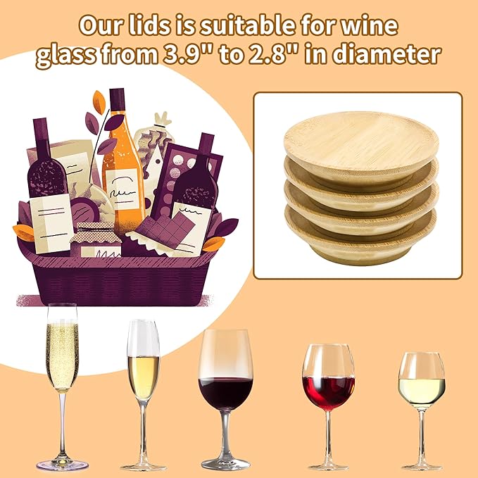 4PCS Wine Glass Charcuterie Topper, Bamboo Wine Glass Topper Coasters Plate, Charcuterie Wine Glass Topper, Prevent Red Wine Spills for Family Gatherings, Restaurants, Bars