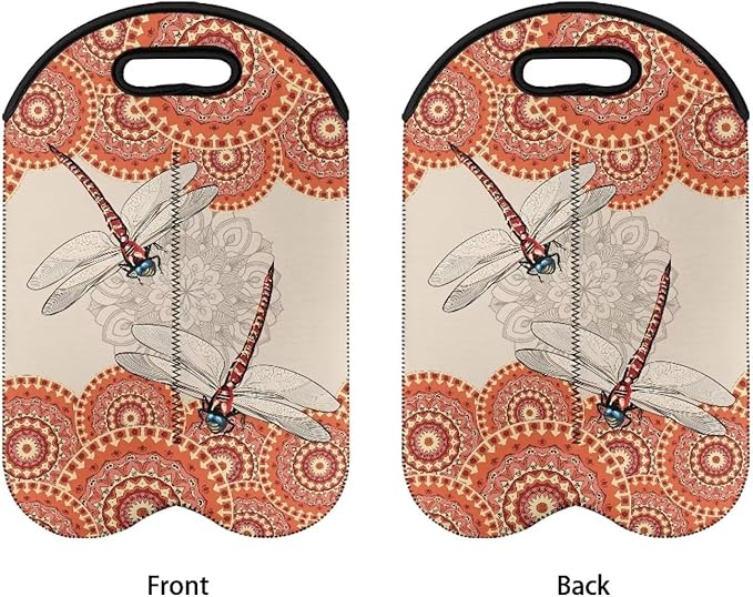 doginthehole Dragonfly Wine Carrier Tote Bag Insulated Neoprene Wine Bottle Holder Boho Style Champagne Bottles Protective Travel Bag Water Bottle Holder, 2 Bottles