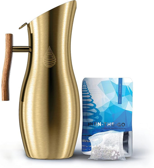 Invigorated Water Alkaline Water Filter Pitcher - Stainless Steel - Pitcher Filters - Tap Water Purifier with High pH Filter - Water Filter Remove Fluoride - 1.9L (Gold)