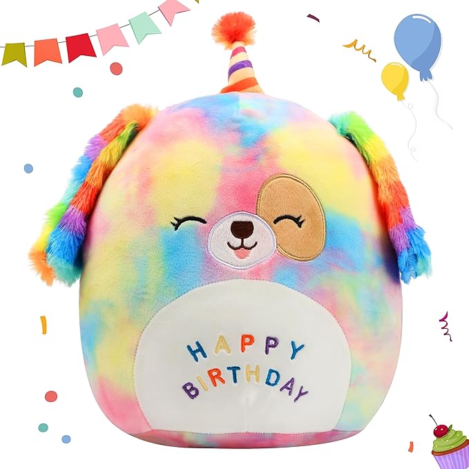 Easfan 12'' Original Rainbow Birthday Dog Plush Pillow Soft Puppy Plush Toy Cute Dog Stuffed Animal Birthday Gifts for Kids Toddlers
