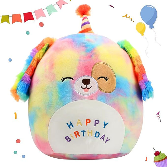 Easfan 12'' Original Rainbow Birthday Dog Plush Pillow Soft Puppy Plush Toy Cute Dog Stuffed Animal Birthday Gifts for Kids Toddlers