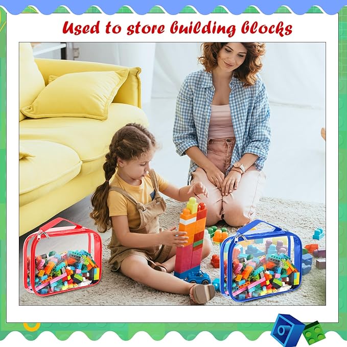 Sanwuta 3 Packs Toy Storage Bags with Zipper, Clear PVC Organizing Bags, Waterproof Toy Bags for Board Games, Building Blocks, Toys and Kids Books (Red, Blue, Orange,12.6 x 9 x 2.36 Inch)