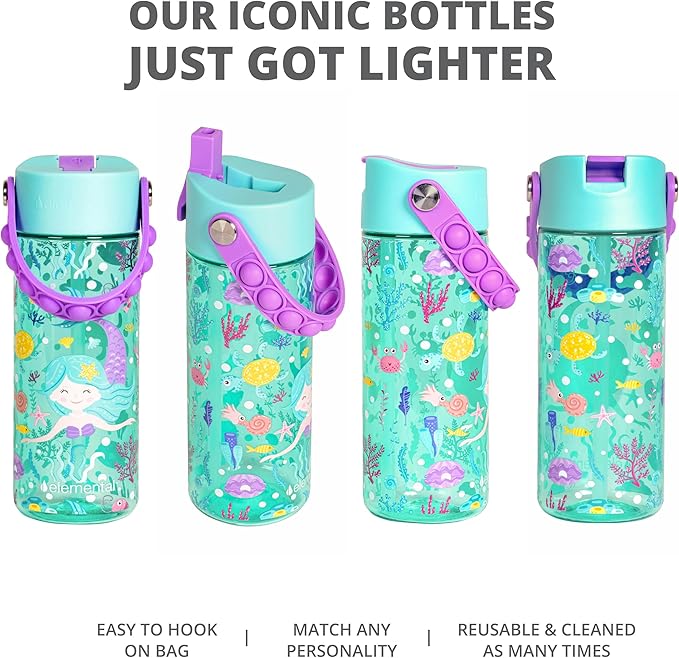 Elemental Leak Proof Water Bottles for Kids - Splash Kids Water Bottle for School with Fun Fidget Pop-it Handle - Tritan Plastic Water Bottle with Straw - Mermaid & Rose - 18oz (2 Pack)