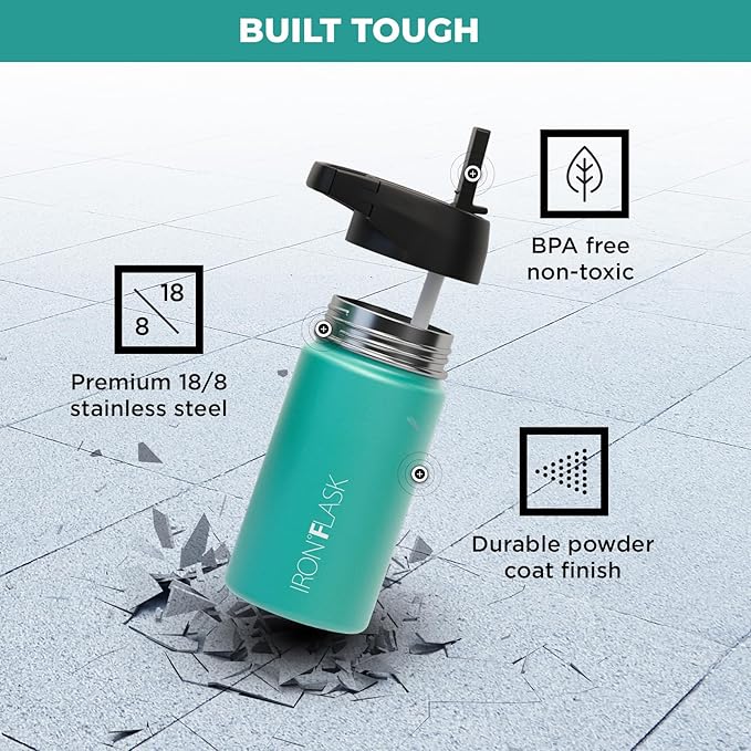 IRON °FLASK Sports Water Bottle - Wide Mouth with 3 Spout Lids - Stainless Steel Gym & Outdoor Bottles for Men, Women & Kids - Double Walled, Insulated Thermos, Metal Canteen - Aquamarine, 18 Oz