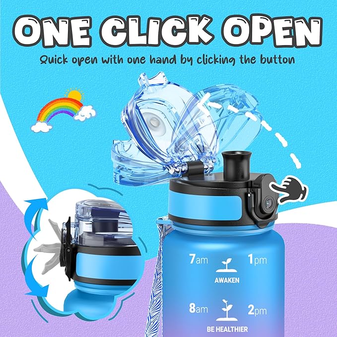 OLDLEY Kids Water Bottle for School, 17 oz (2 lids) BPA-Free Reusable Leak-proof Durable Tritan Plastic Water Bottles with Straw & Chug Lids, Anti-dust Spout Cover (Lake)