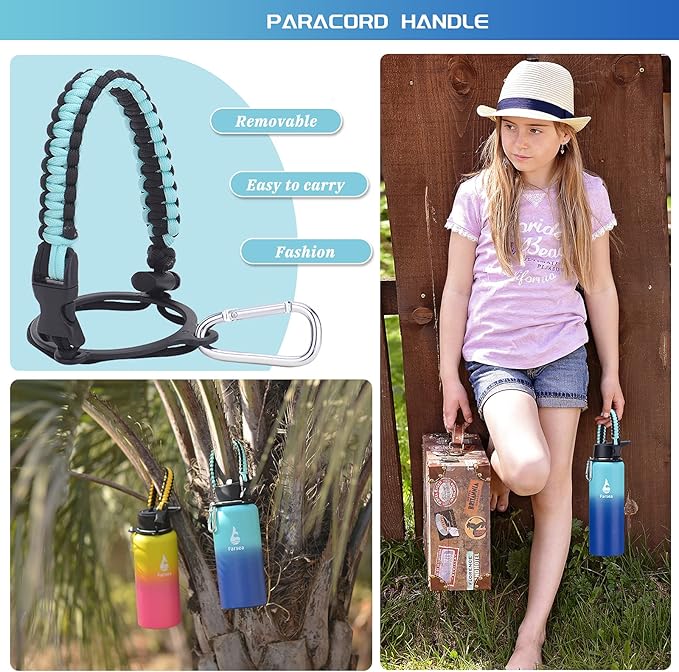 Farsea Insulated Water Bottle with Straw Lid & Spout Lid & Paracord Handle, Stainless Steel Water Bottle Wide Mouth, Double Wall Sweat-Proof BPA-Free, 40 oz, Gradient Mint + Blue