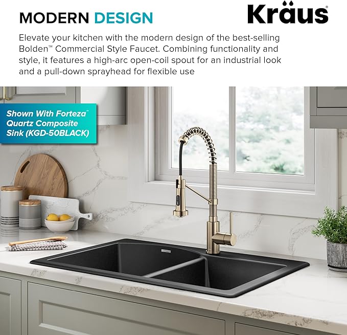 Kraus KPF-1610SFACB Bolden 18-Inch Single Handle Commercial Style Pull-Down Kitchen Faucet with Dual Function Sprayer, Spot Free Antique Champagne Bronze