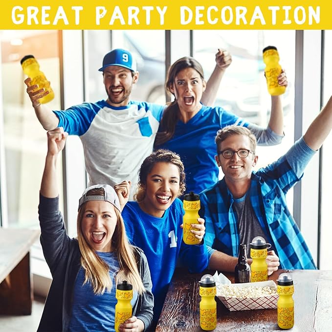 24 Pcs 24 oz Baseball Water Bottle Bulk and Drawstring Bag Set 12 Reusable Plastic Biking Water Bottle Tumbler 12 Sport Gym Goodie Gift Bag for Party Favor (Yellow)