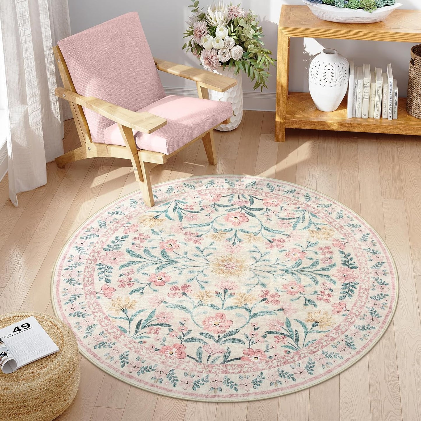 Wonnitar Pink Floral Round Rugs 5ft, Soft Circle Rug Non Slip Washable Round Carpet, Boho Non-Shedding Flower Distressed Circle Carpets for Bedroom Girls Room Nursery