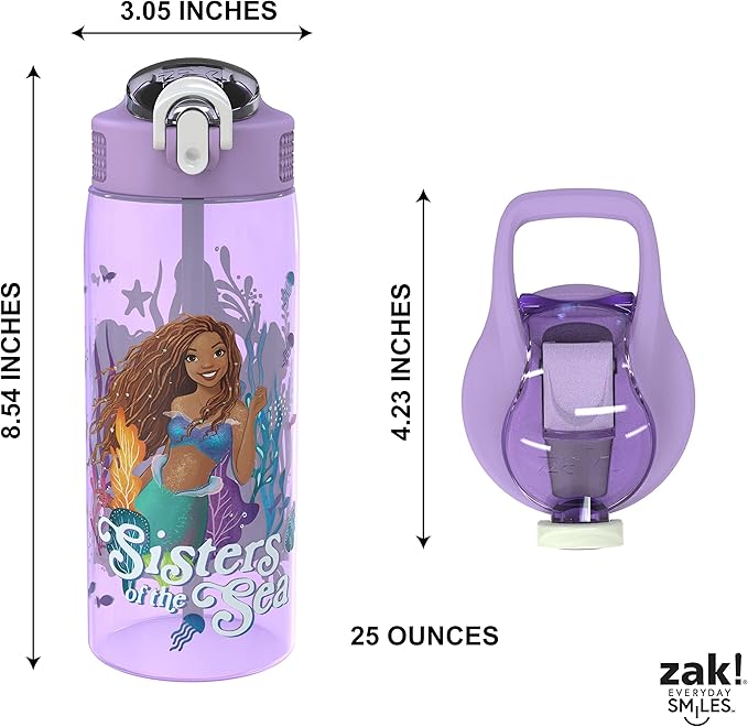 Zak Designs Disney The Little Mermaid 2023 Kids Water Bottle For School or Travel, 25oz Durable Plastic, with Pop-Up Antimicrobial Spout and Cover, Handle, and Leak-Proof (Ariel, Sisters of the Sea)
