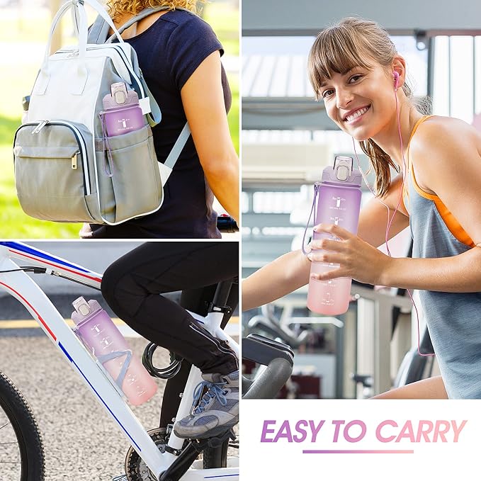 Motivational Water Bottle with Time Marker- 32oz Water Bottles with Times to Drink, Leakproof & BPA Free Sports Water Bottle with Straw & Carry Strap for Fitness, Gym, and Outdoor Sports