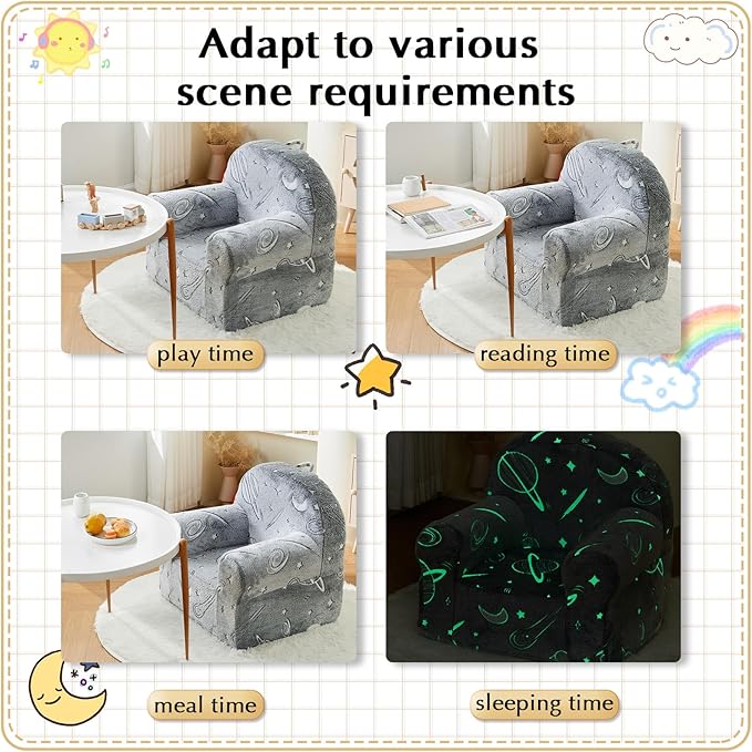 Toddler Chair Sherpa Couch Sherpa Kids Chair, Cuddly Comfy Toddler Plush Chair Toddler Couch Reading Chair for Kids Glow in The Dark Starry Sky Grey