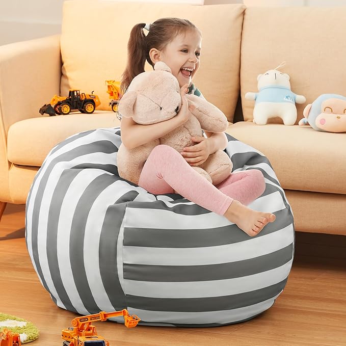 EXQ Home Kids Bean Bag Chairs Cover -Stuffed Animal Bean Bag Storage Grey and White Stripes-Zipper Bean Bag for Organizing Children Plush Toys Holiday Gift for Girl,Boys (2XL)