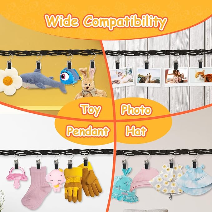 Stuffed Animal Storage Chain 80 Inch, Munzong 4pcs Black Hanging Stuff Animals organizer, Cotton Toy Display Chain with 80 Clips, Toys Organizers Holder for Toddler Kids Nursery Room Wall Corner Decor