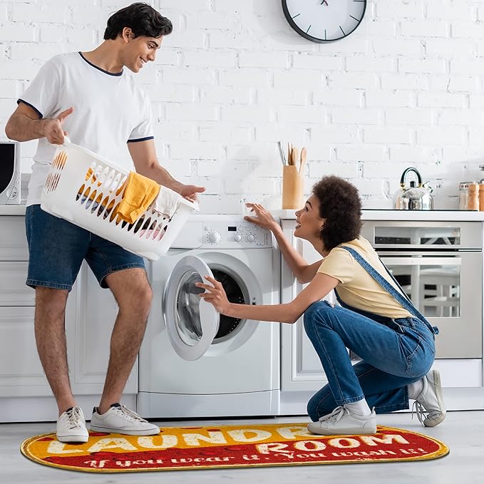 Machine Washable Bubbles Design Laundry Room Rug Non-Slip Rubberback 2x5 Laundry Runner Rug for Laundry Room, Bathroom, Washroom, 20" x 59" Oval, Red/Yellow