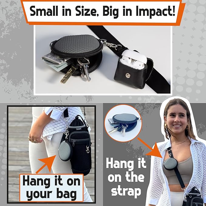Water Bottle Holder with Strap - Water Bottle Carrier Sling Bag Crossbody with Metal Clips and Rings, Keychain, Extra Small Round Purse, Hook and Loop for Your Bike, Stroller, Backpack