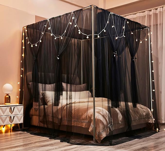 Mengersi Bed Canopy Canopy Bed Curtains with Lights- 4 Corners Post Royal Bed Drapes Mosquito Net- Elegant Bedroom Decoration Accessories for Adults(California King,Black)