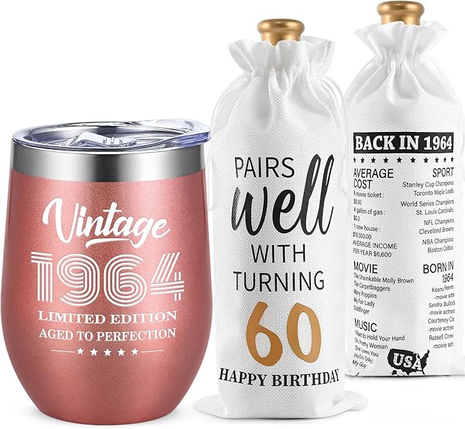 Lifecapido 60th Birthday Gifts for Women, Vintage 1964 Limited Edition Insulated Wine Tumbler with Wine Bag, 60 Year Old 60th Birthday Presents Christmas Gifts for Mom Grandma Wine Lover, 12 oz